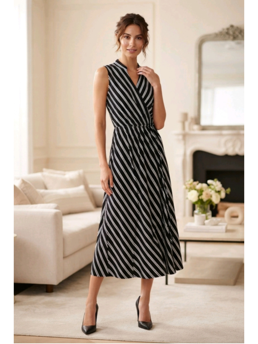 NWOT Anne Klein Midi Dress Size S Black White Striped Sleeveless Tie Waist Boho